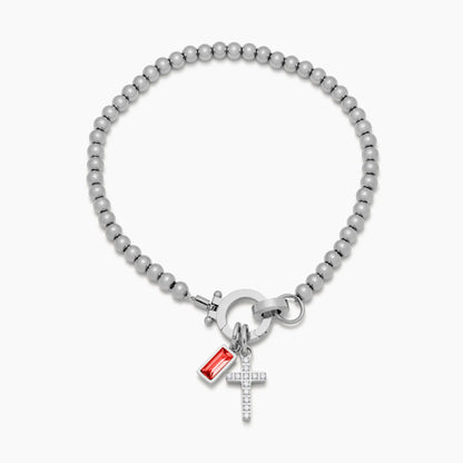 Silver beaded cross charm bracelet close-up — Olivia Jewelry