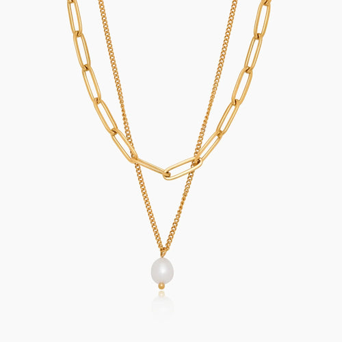 Paperclip & Pearl Drop Layered Necklace