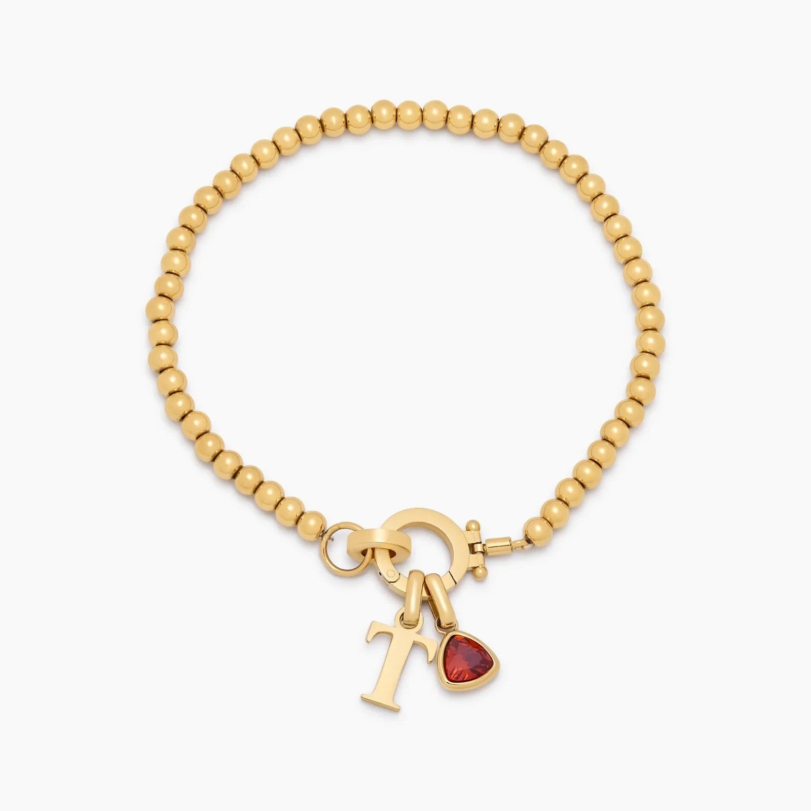 beaded-birthstone-initial-charm-bracelet — Gold / Jul-Ruby
