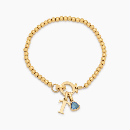beaded-birthstone-initial-charm-bracelet — Gold / Mar-Aquamarine