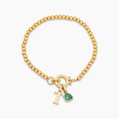 beaded-birthstone-initial-charm-bracelet — Gold / May-Emerald