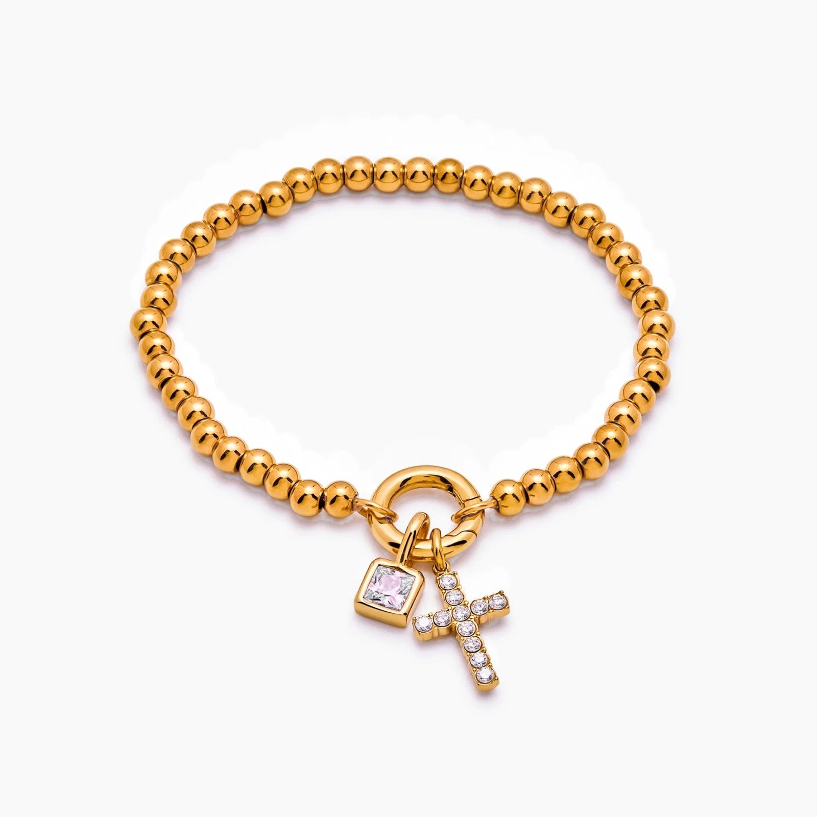 beaded-cross-birthstone-bracelet — Gold / Apr-Diamond