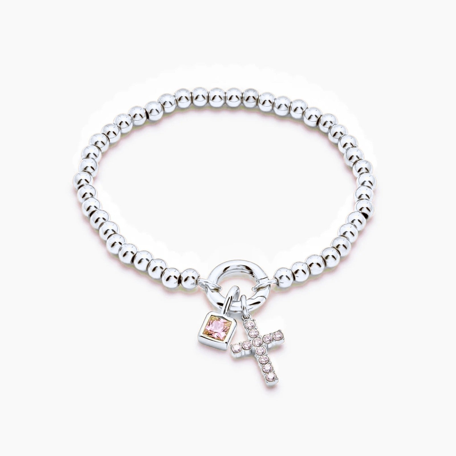 beaded-cross-birthstone-bracelet — Silver / Aug-Peridot