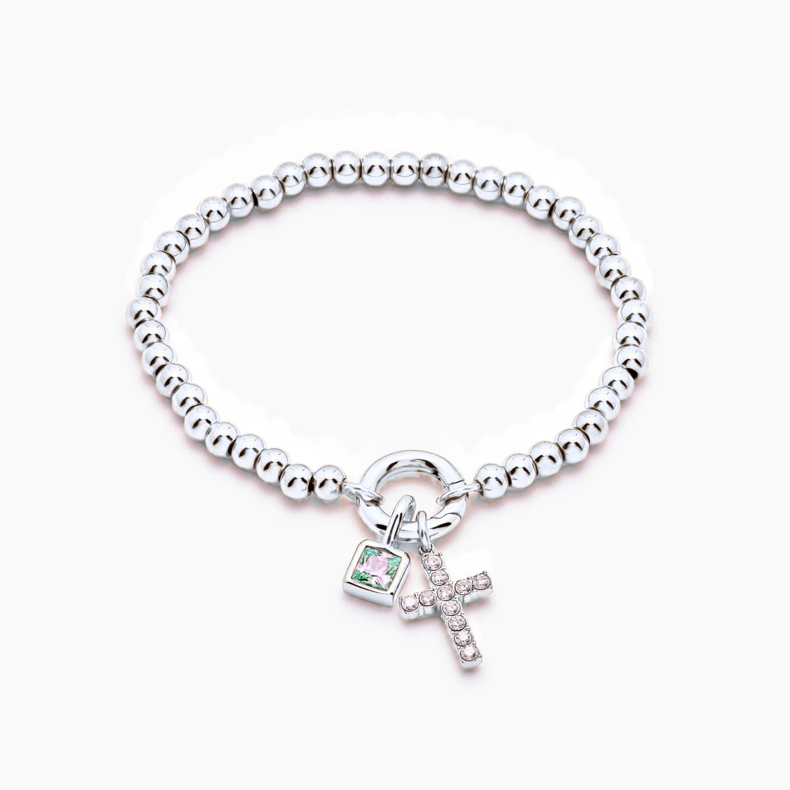 beaded-cross-birthstone-bracelet — Silver / Dec-Blue Topaz