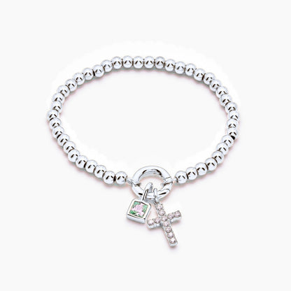 beaded-cross-birthstone-bracelet — Silver / Mar-Aquamarine