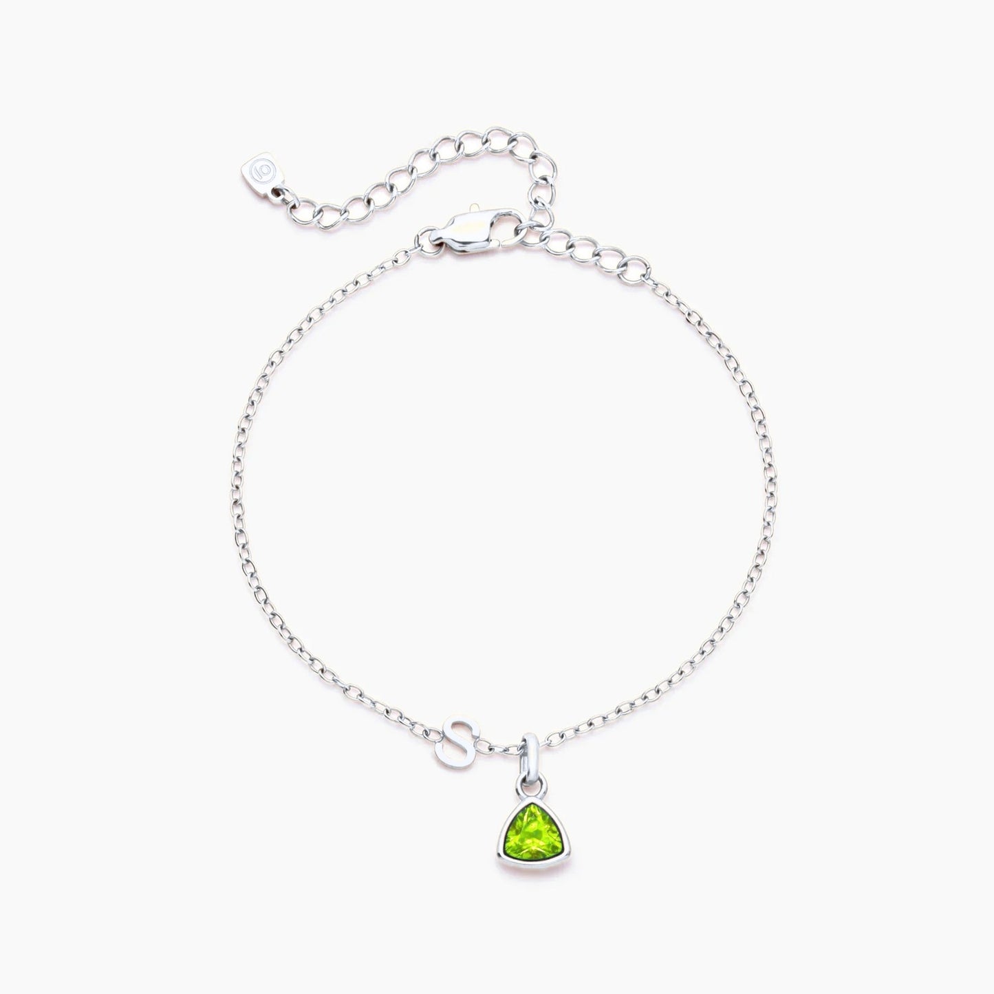 birthstone-initial-charm-bracelet — Silver / Aug-Peridot