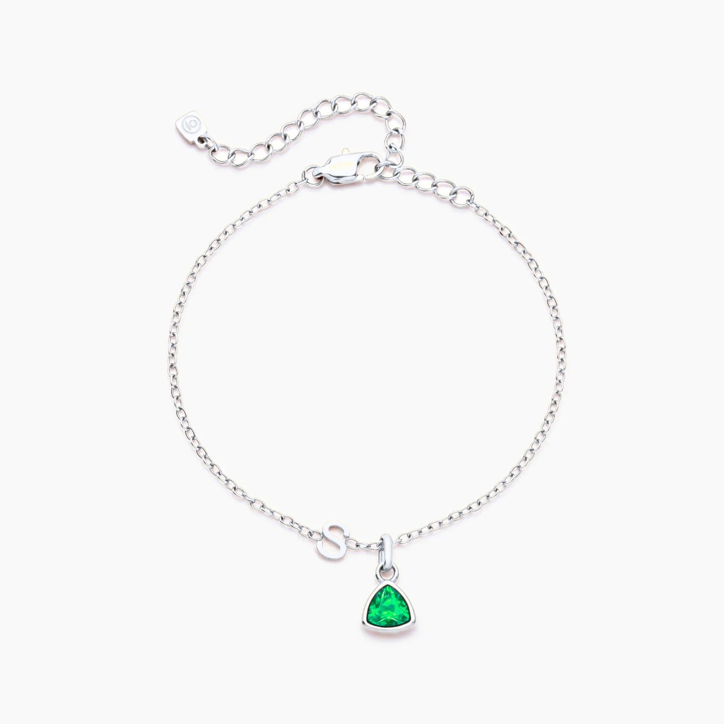 birthstone-initial-charm-bracelet — Silver / May-Emerald