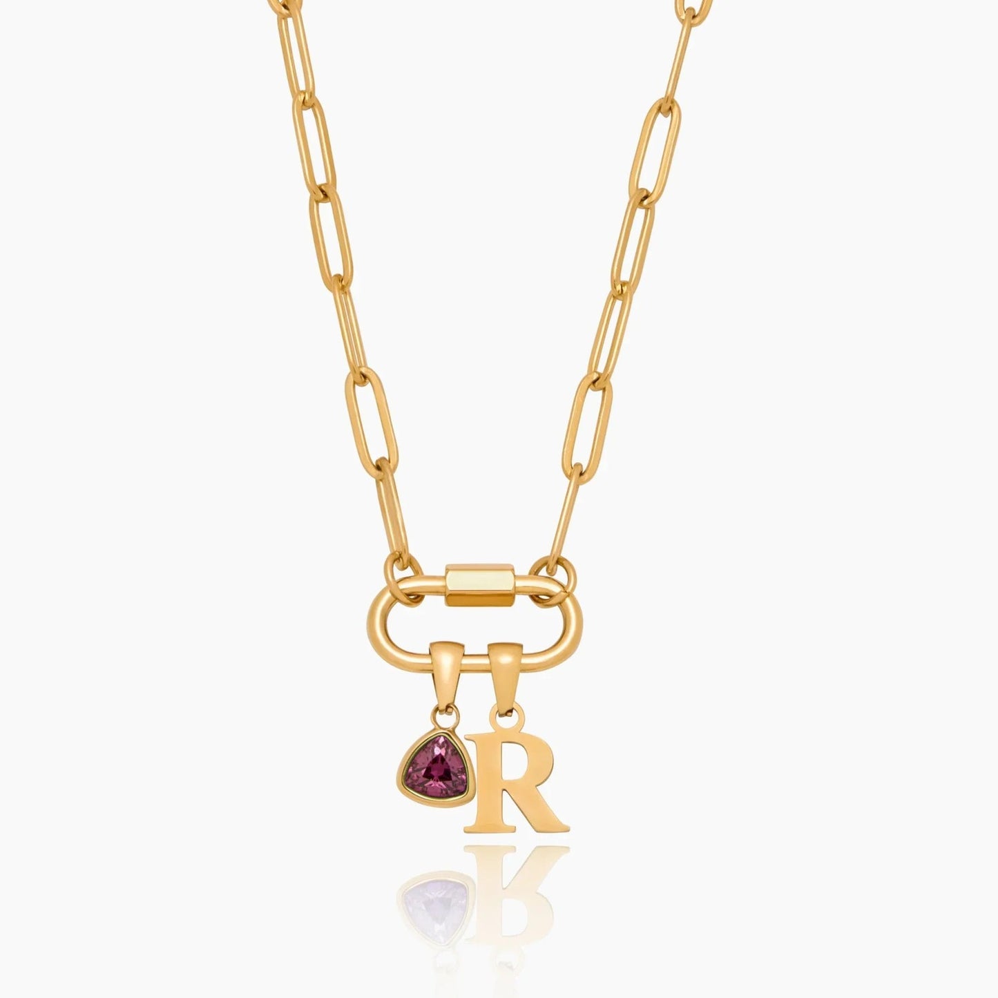 carabiner-charm-lock-necklace-with-initial-birthstone — Gold / Jul-Ruby