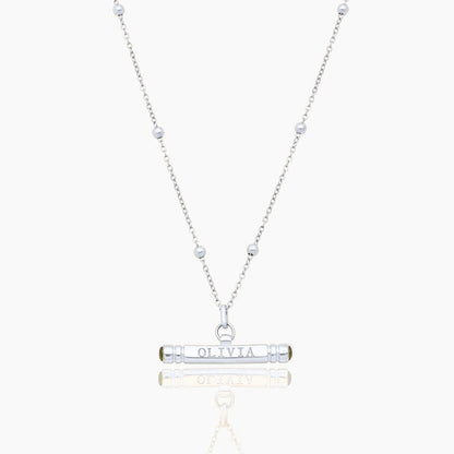 custom-name-birthstone-t-bar-necklace — Silver / Aug-Peridot
