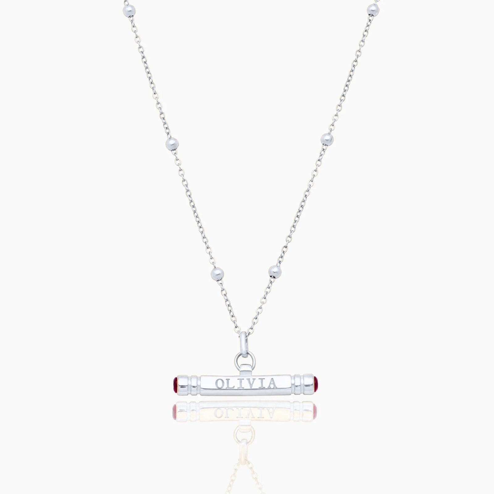 custom-name-birthstone-t-bar-necklace — Silver / Jul-Ruby