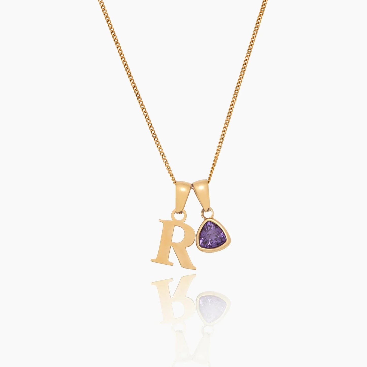 initial-birthstone-charm-necklace — Gold / February Amathyst