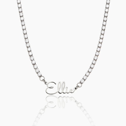 Silver signature name tennis necklace detail — Olivia Jewelry